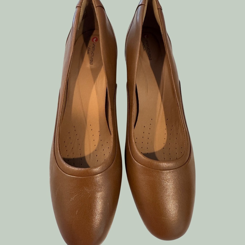 Clarks Unstructured Un Cosmo Step Dark Tan Leather Block Heel Pumps Womens 9.5 M